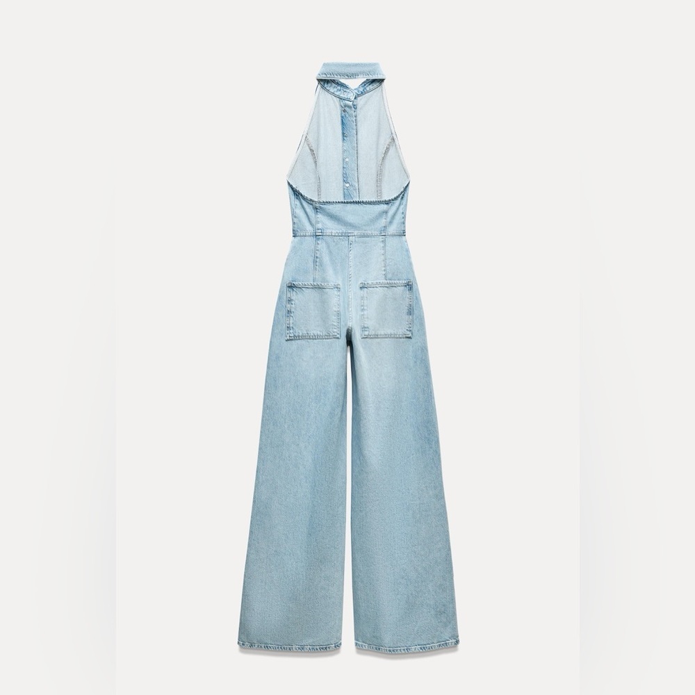Zara jumpsuit denim halter wide leg open back bohemian casual summer - Picture 7 of 12